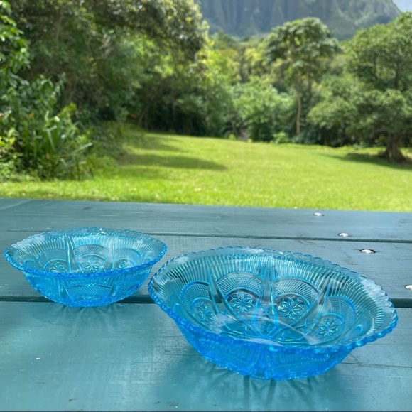 Blue Glass Serving Bowls Set Of 2 Snowflakes Stars Ruffled Rim Vintage - Picture 1 of 14